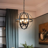 Vintage Black Metal Chandelier - Elegant 4-Bulb Ceiling Pendant for Dining Room Lighting - This product is a 4-bulb metal ceiling chandelier in vintage black globe dining room pendant lighting. It is made of metal and has a black finish. It